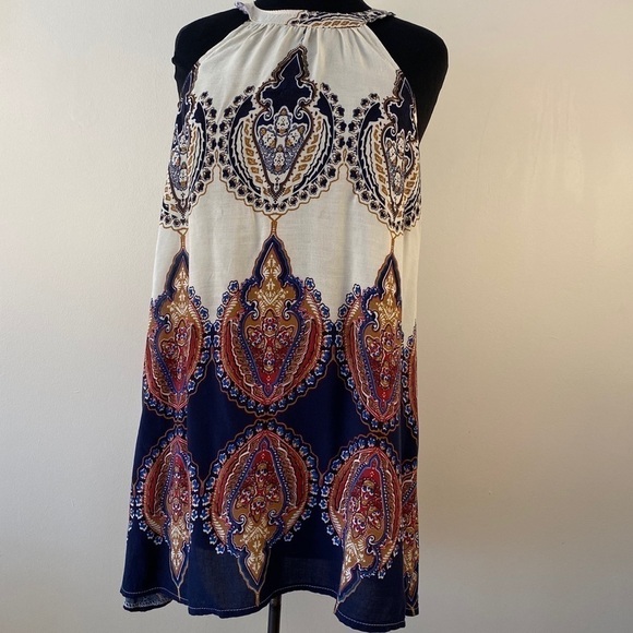 HALTER top mini dress tie back sexy swing a line blue red white - Picture 1 of 7